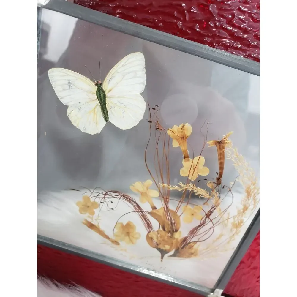 Vintage Real Butterfly Dried Pressed Flower Stained Glass Sun Catcher Decor Boho